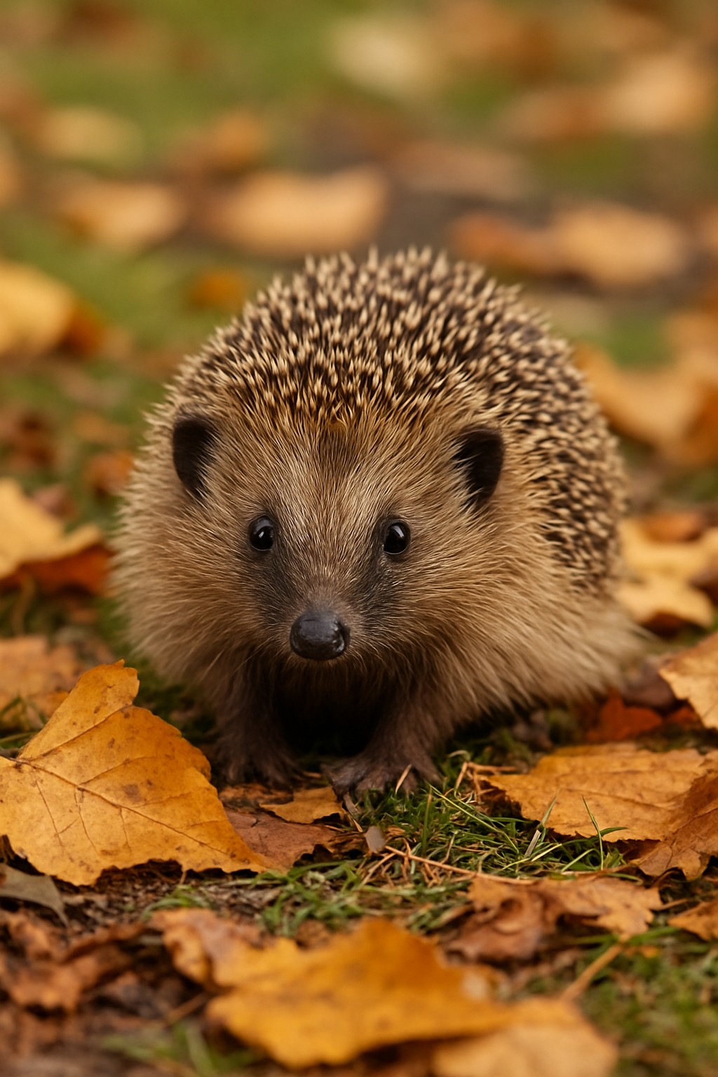 Igel im Garten zwischen Herbstlaub