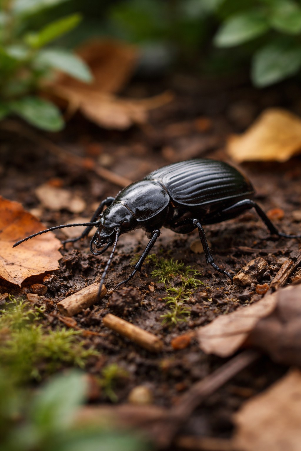 Schwarzer Laufkäfer auf Erde zwischen Laub und Pflanzen