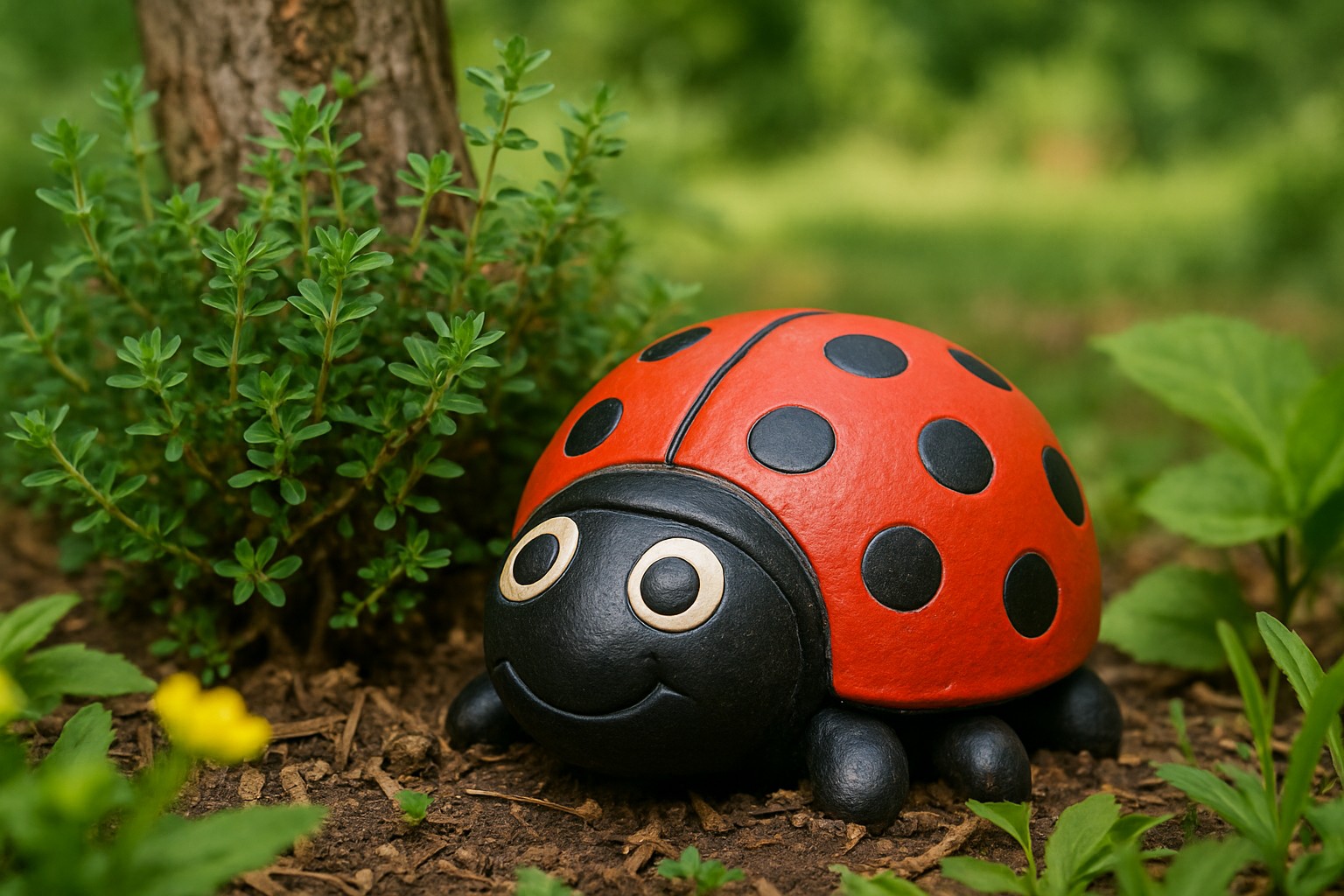 Marienkäfer-Dekofigur im Garten
