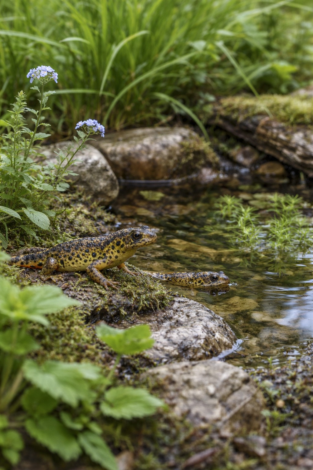Molche an einem naturnahen Gartentümpel mit Steinen und Pflanzen
