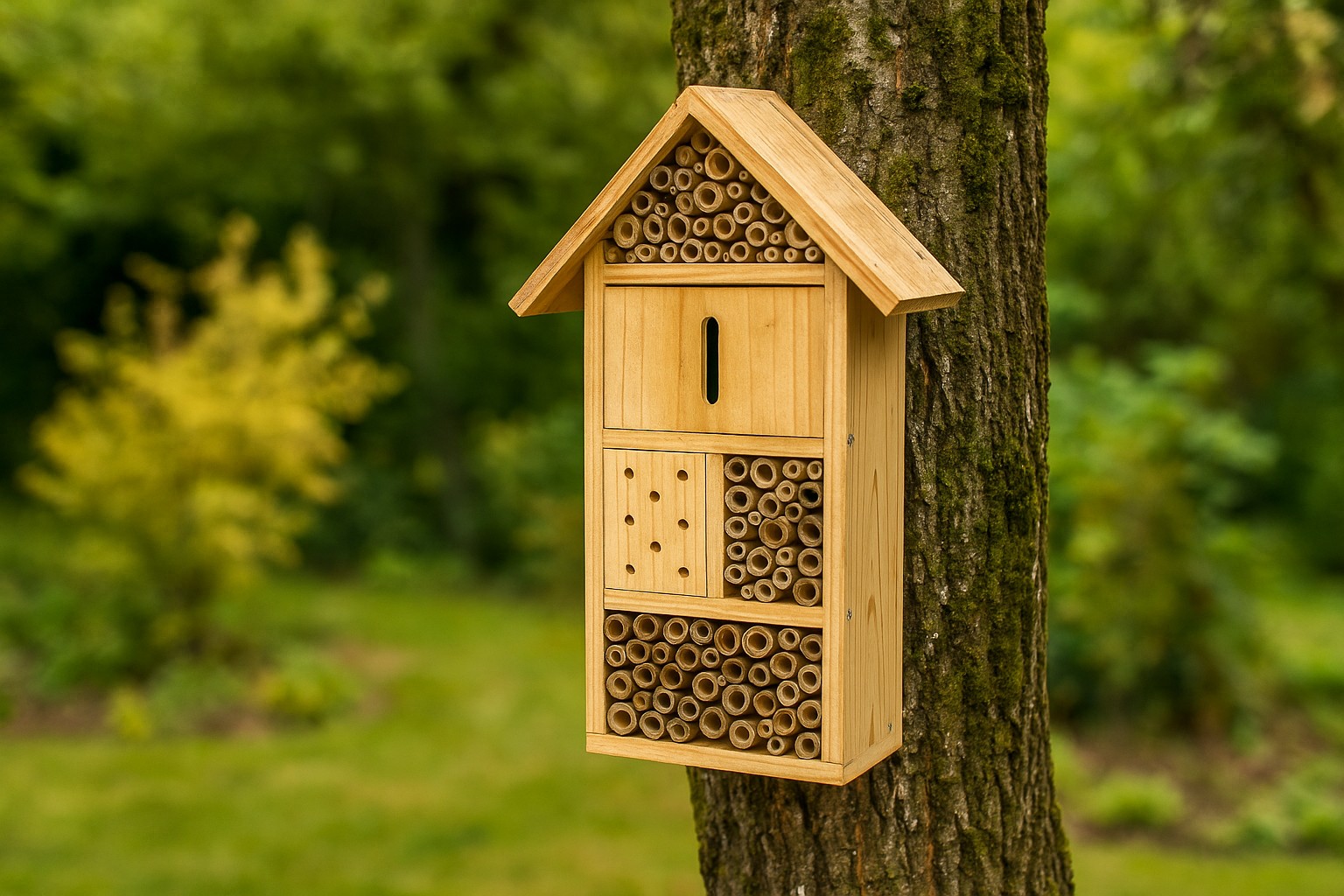 Insektenhotel aus Holz im Garten