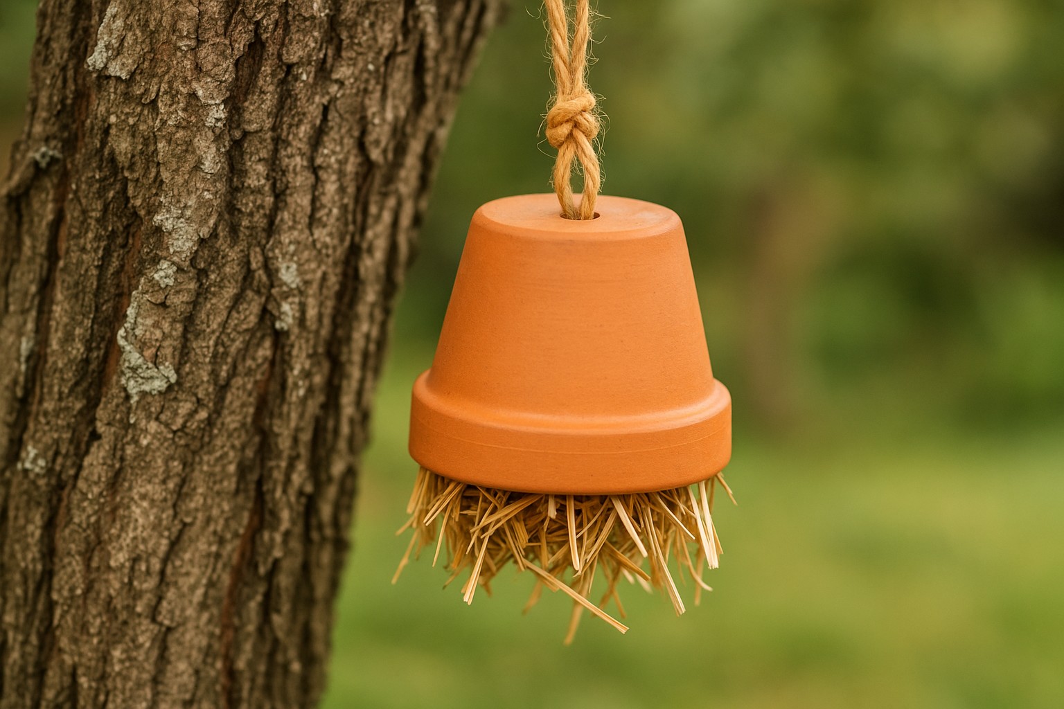 Umgedrehter Terrakotta-Topf mit Stroh als Unterschlupf im Garten
