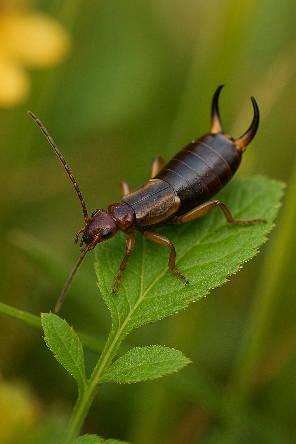 Ohrenkriecher auf grünem Blatt im Garten