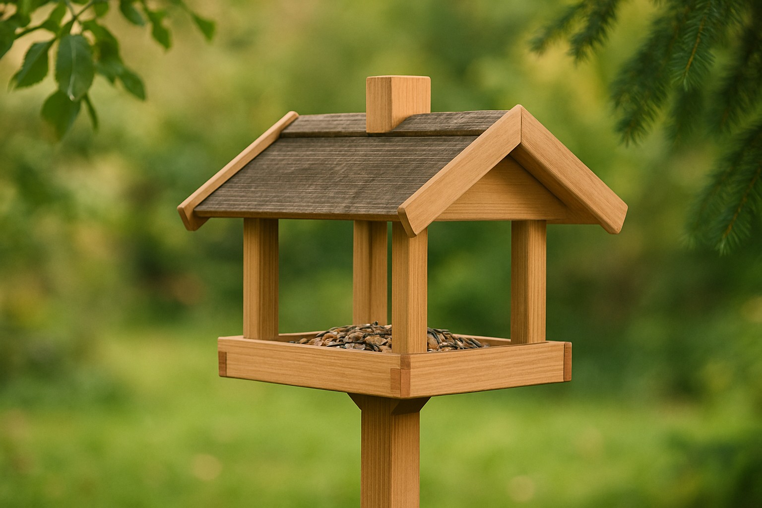 Holzfutterhaus für Vögel im Garten