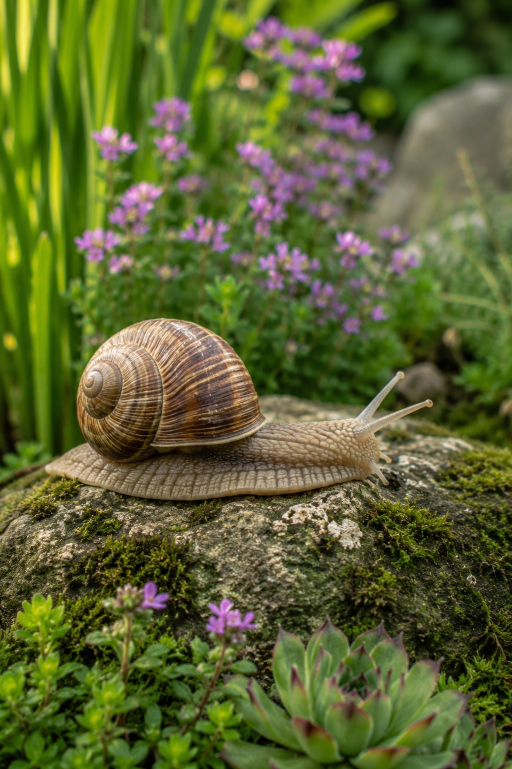 Weinbergschnecke kriecht über einen Stein im naturnahen Garten