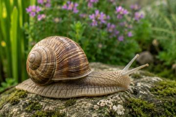 Weinbergschnecke kriecht über einen Stein im naturnahen Garten