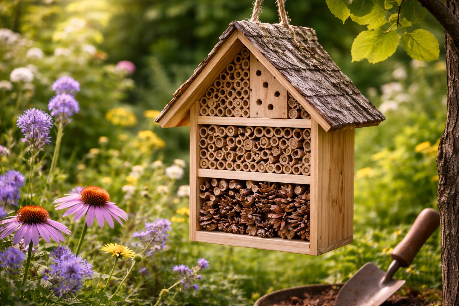 Wildbienen Nisthilfe aus Holz im Garten aufgehängt