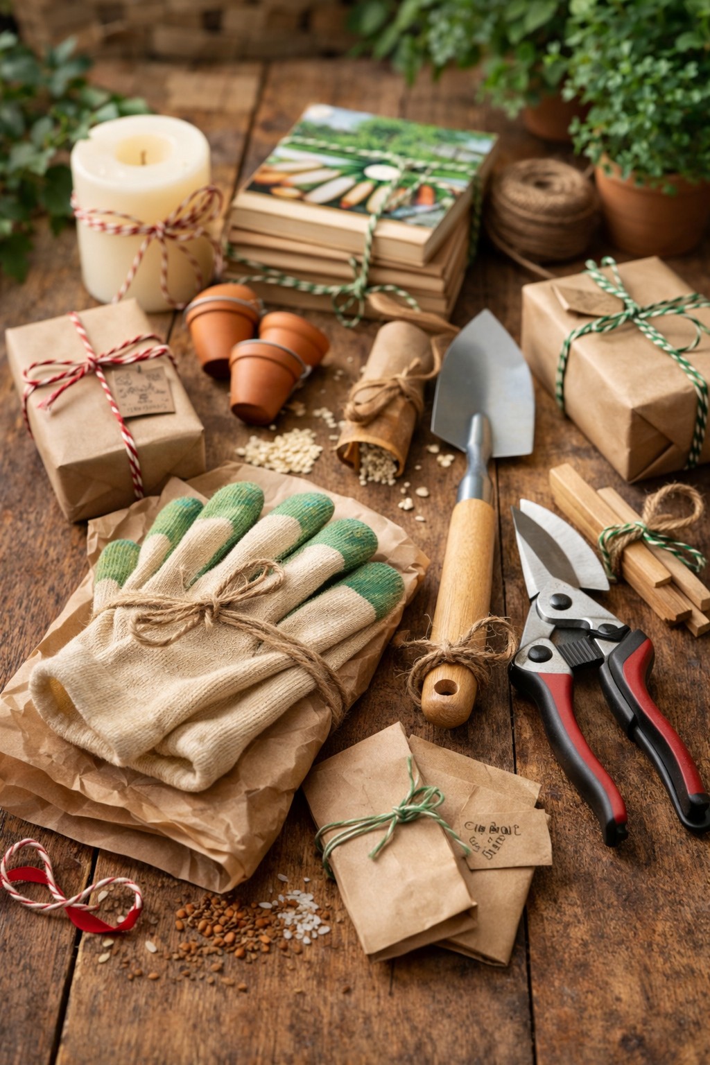 Verschiedene Gartengeräte und kleine Geschenkideen auf einem Holztisch
