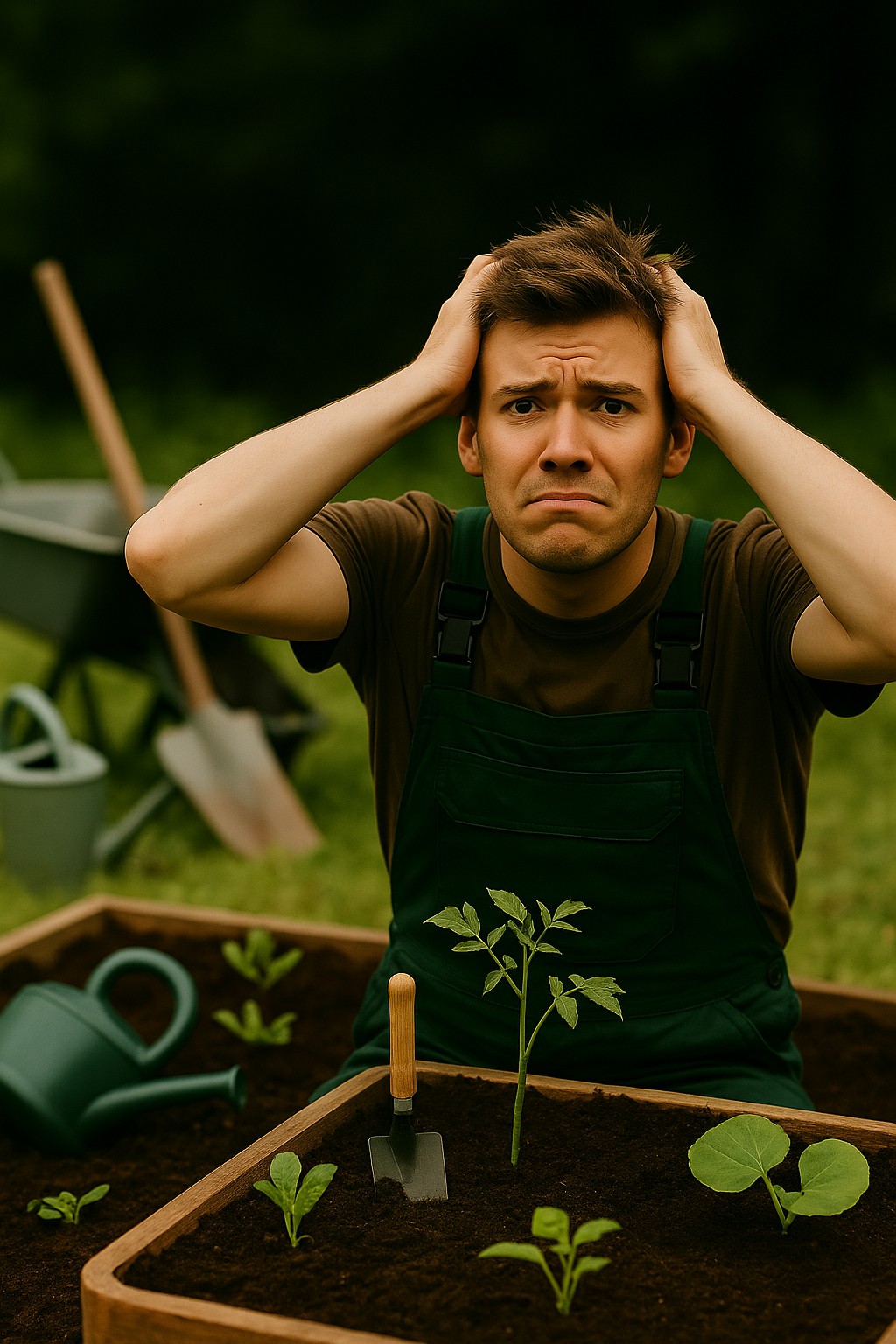 Ein Beet mit jungen Gemüsepflanzen und typischen Anfängerfehlern