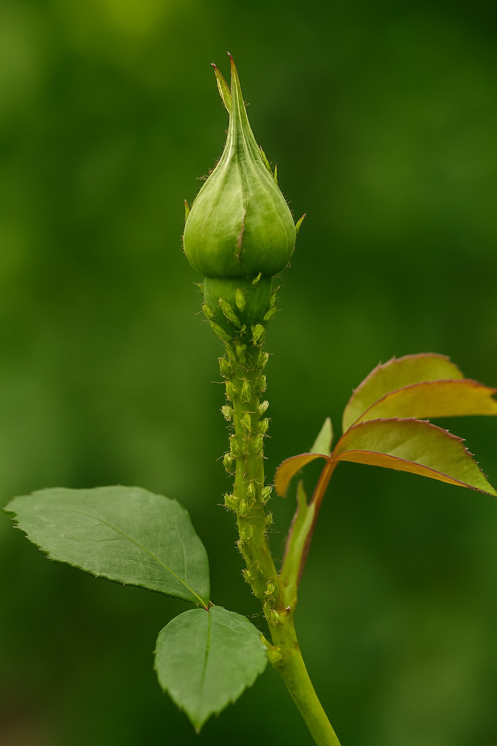 Blattläuse auf einem jungen Pflanzentrieb im Garten