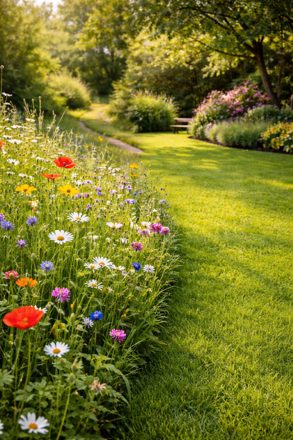Blumenwiese mit bunten Blüten neben kurz gemähtem Zierrasen im Garten