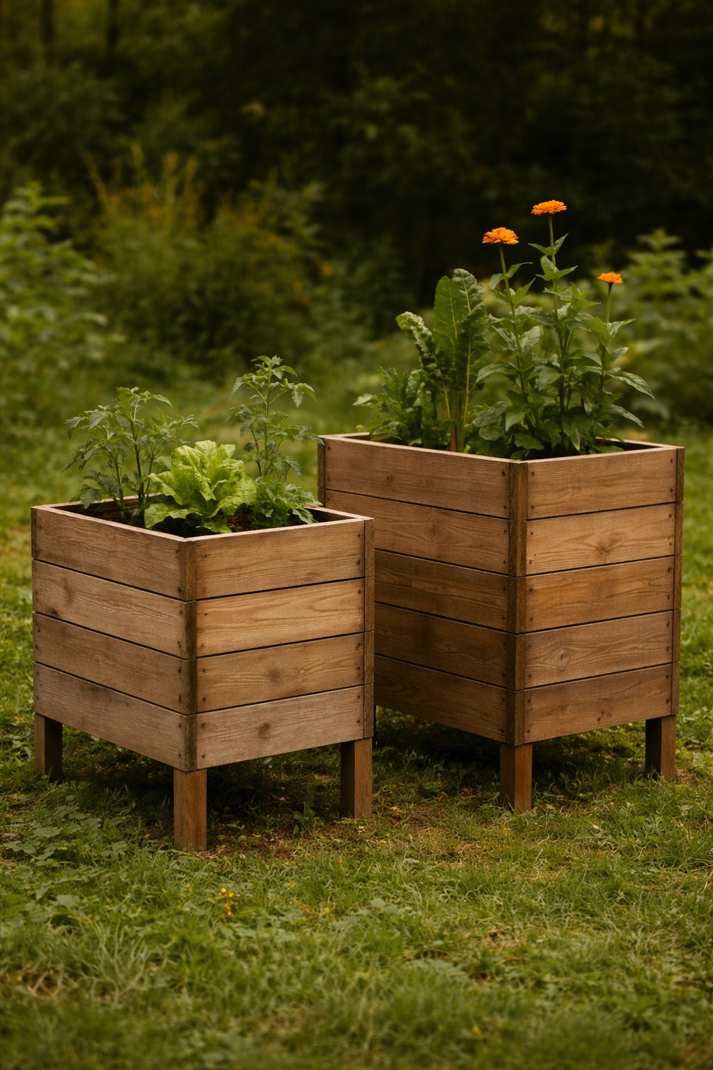 Zwei Hochbeete mit unterschiedlicher Höhe im Garten