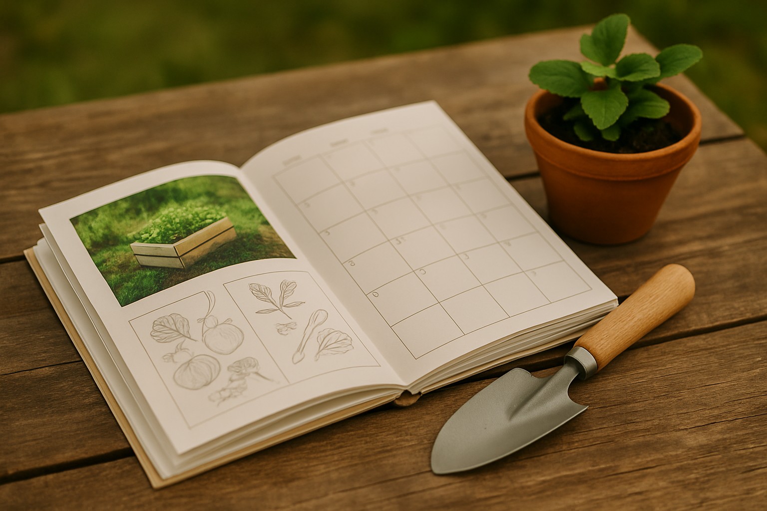 Ein offener Gartenkalender auf einem Holztisch mit Pflanzen daneben