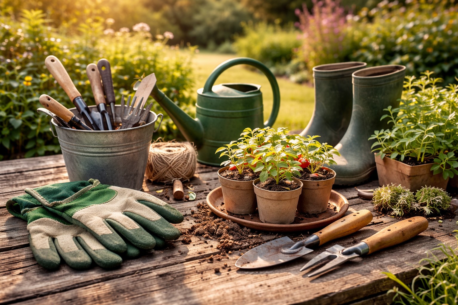 Gartenhandschuhe und Werkzeug auf einem Gartentisch