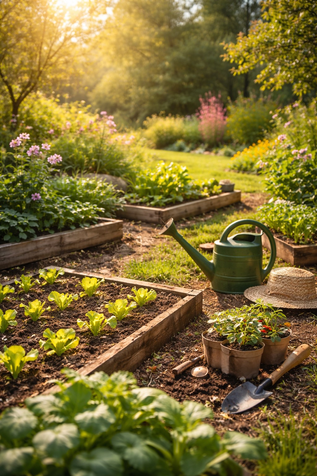 Frühlingsgarten mit blühenden Pflanzen und frisch vorbereiteten Beeten