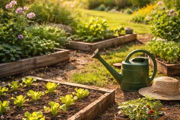 Frühlingsgarten mit blühenden Pflanzen und frisch vorbereiteten Beeten