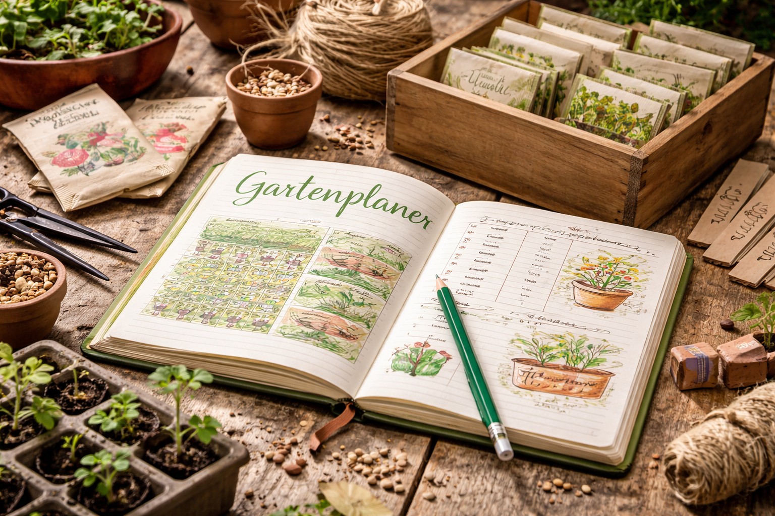 Offener Gartenplaner mit Notizen, Saatgut und Gartenzubehör auf einem Tisch