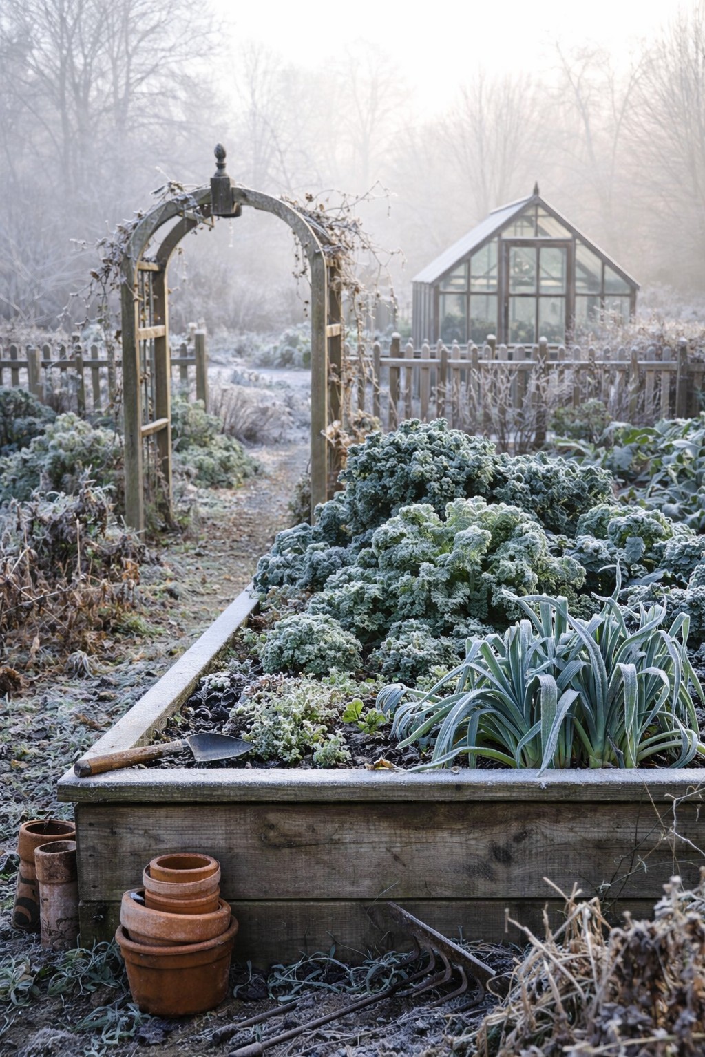Winterlicher Garten im Januar mit frostigen Beeten und ruhiger Atmosphäre