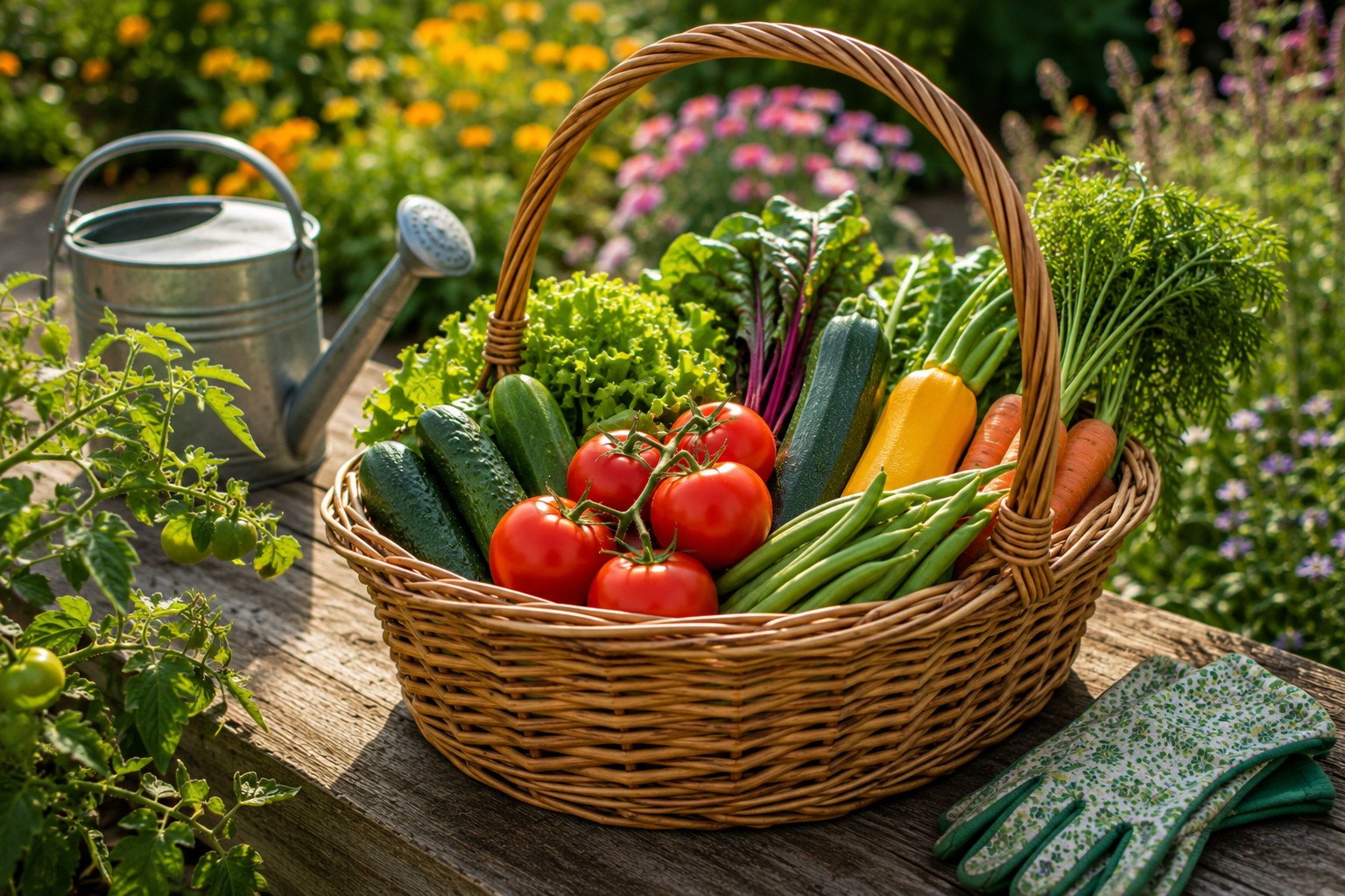 Geflochtener Erntekorb mit frischem Gemüse aus dem Garten