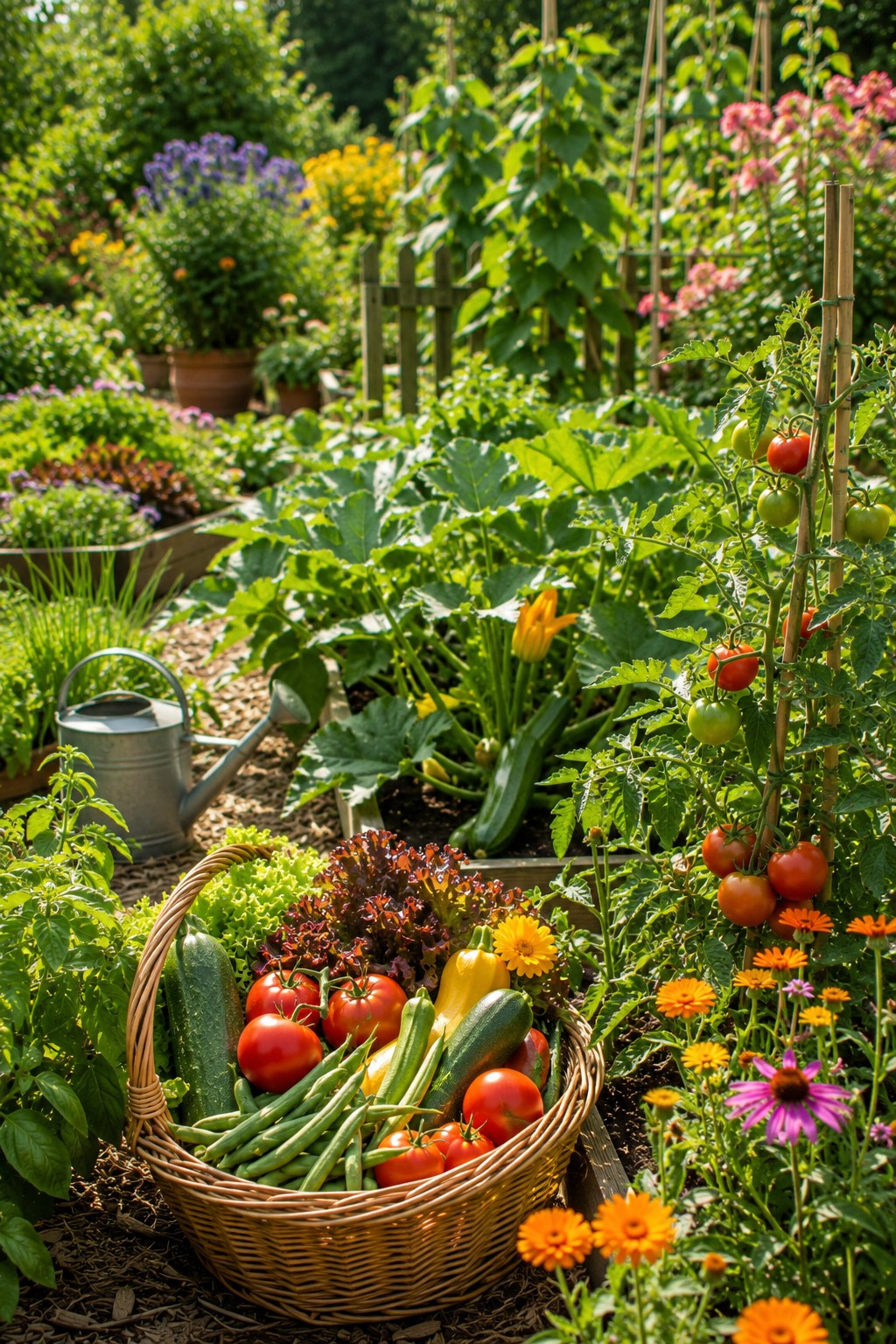 Gemüsegarten im Juli mit reifen Tomaten, Zucchini und blühenden Sommerblumen