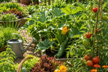 Gemüsegarten im Juli mit reifen Tomaten, Zucchini und blühenden Sommerblumen