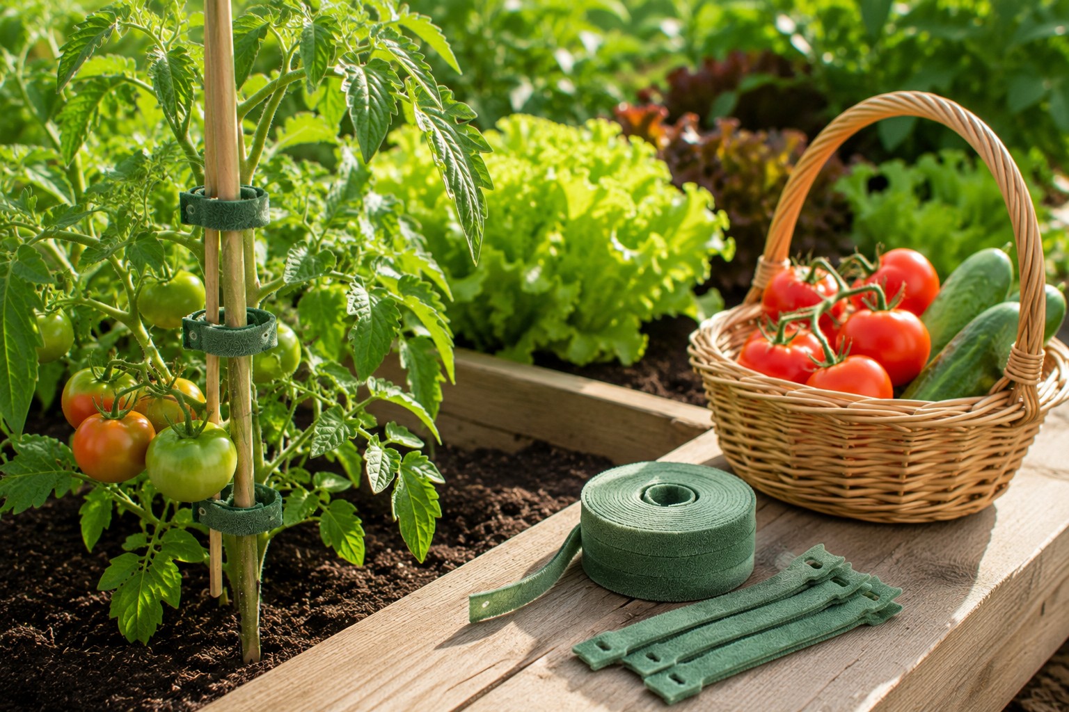 Pflanzenbinder und Tomatenpflanzen im Gemüsegarten