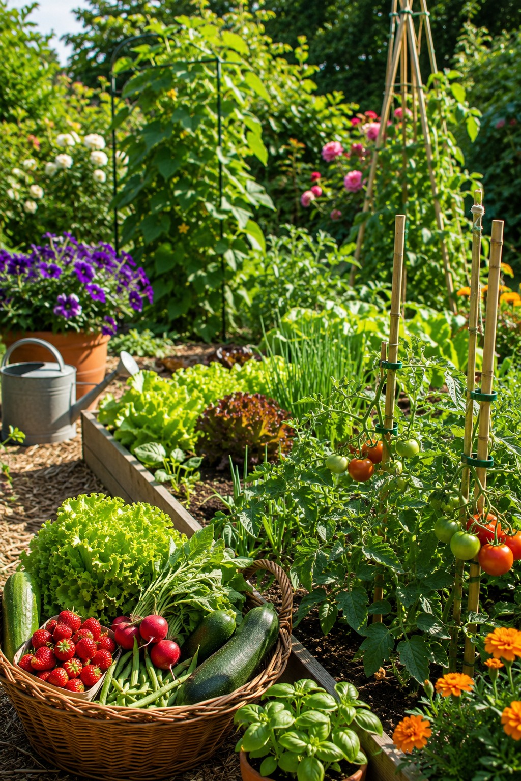 Gemüsebeete und blühende Stauden im Garten im Juni