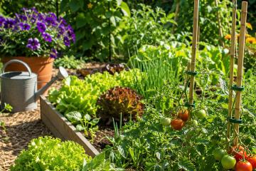 Gemüsebeete und blühende Stauden im Garten im Juni