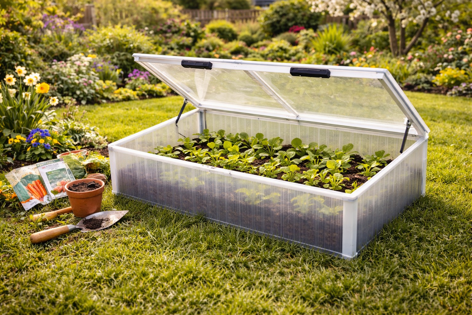 Frühbeetkasten mit jungen Pflanzen im Garten