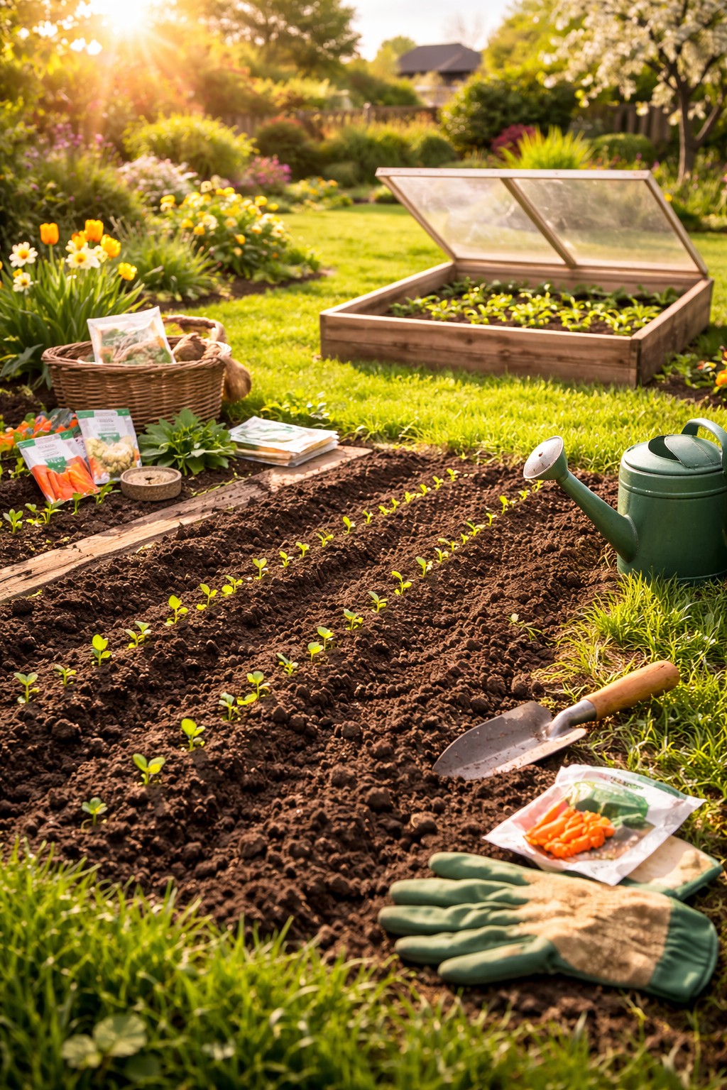 Frühlingsgarten im März mit vorbereiteten Beeten und ersten Aussaaten