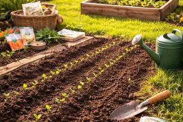 Frühlingsgarten im März mit vorbereiteten Beeten und ersten Aussaaten