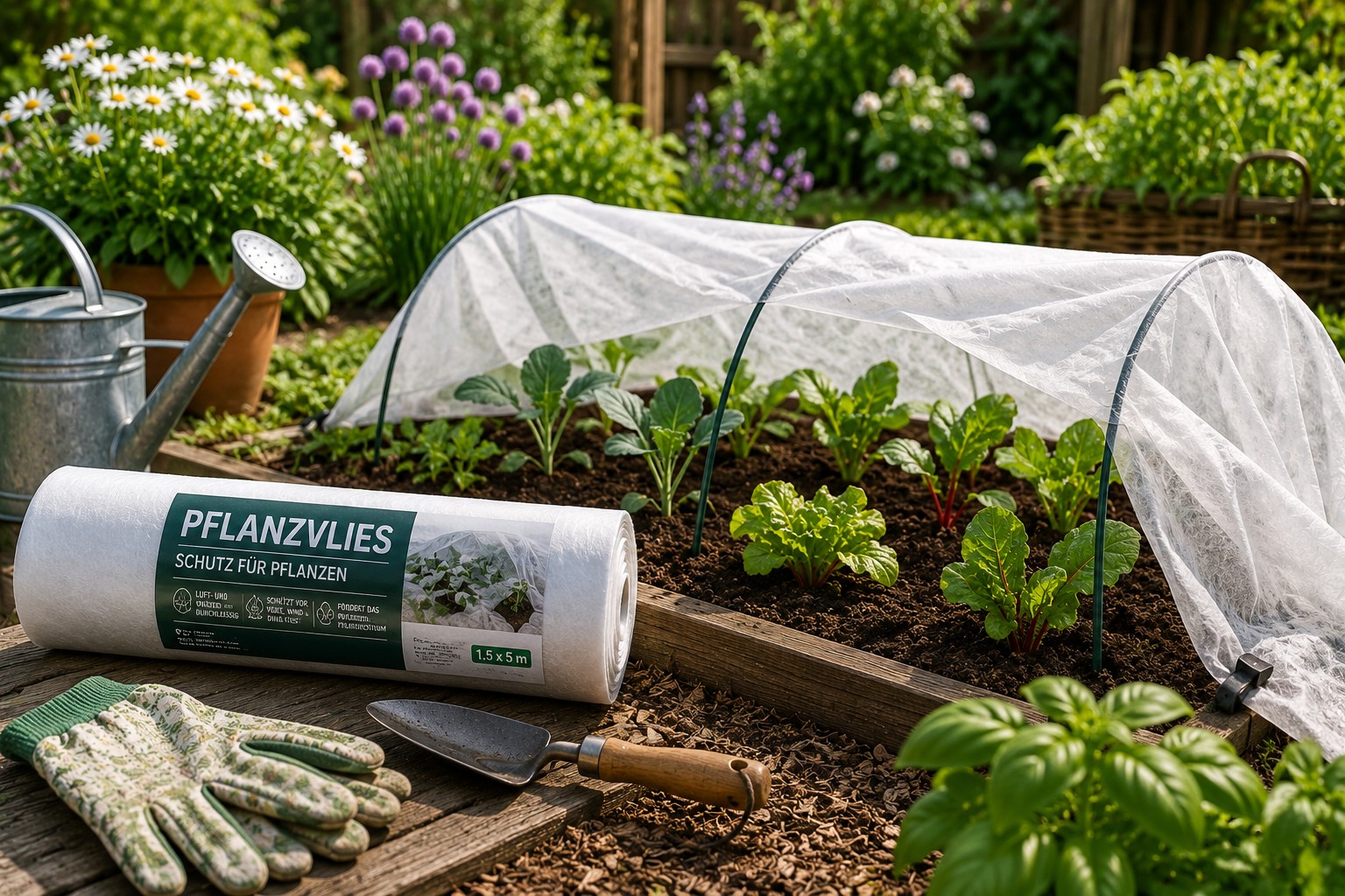 Pflanzvlies und junge Gemüsepflanzen im Garten