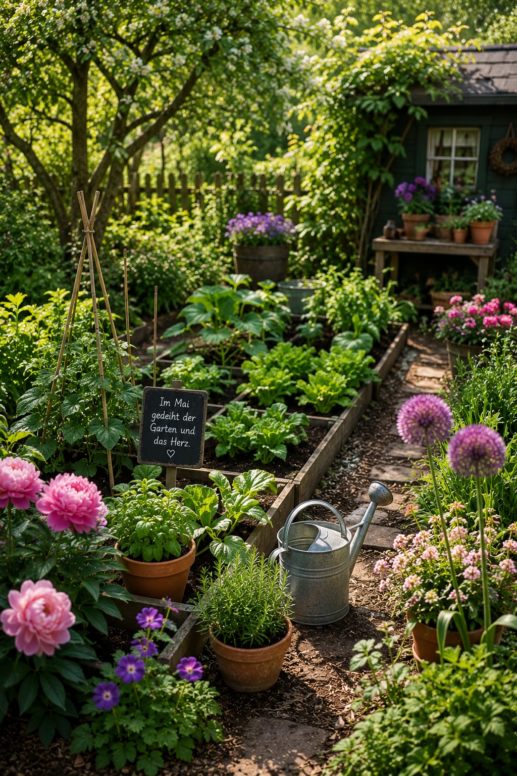 Garten im Mai mit blühenden Stauden, Gemüsebeeten und frischem Grün