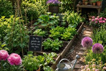 Garten im Mai mit blühenden Stauden, Gemüsebeeten und frischem Grün