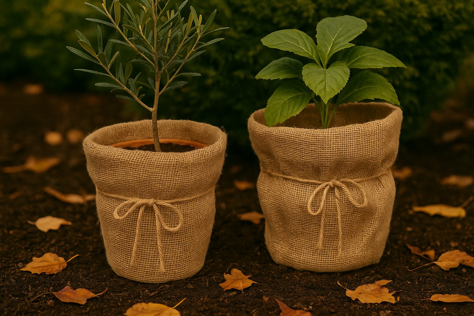 Kübelpflanzen mit Jute umwickelt als Frostschutz