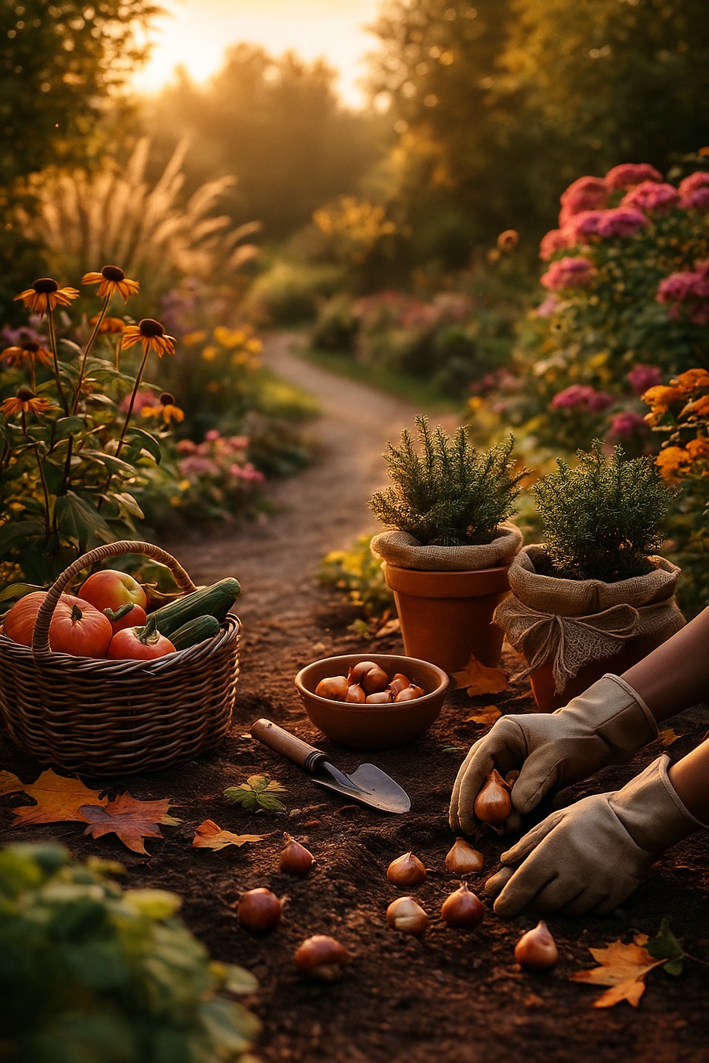 Herbstlicher Garten mit bunten Stauden, Tomaten und Herbstlaub