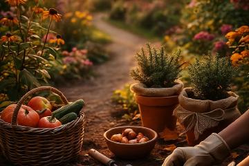 Herbstlicher Garten mit bunten Stauden, Tomaten und Herbstlaub