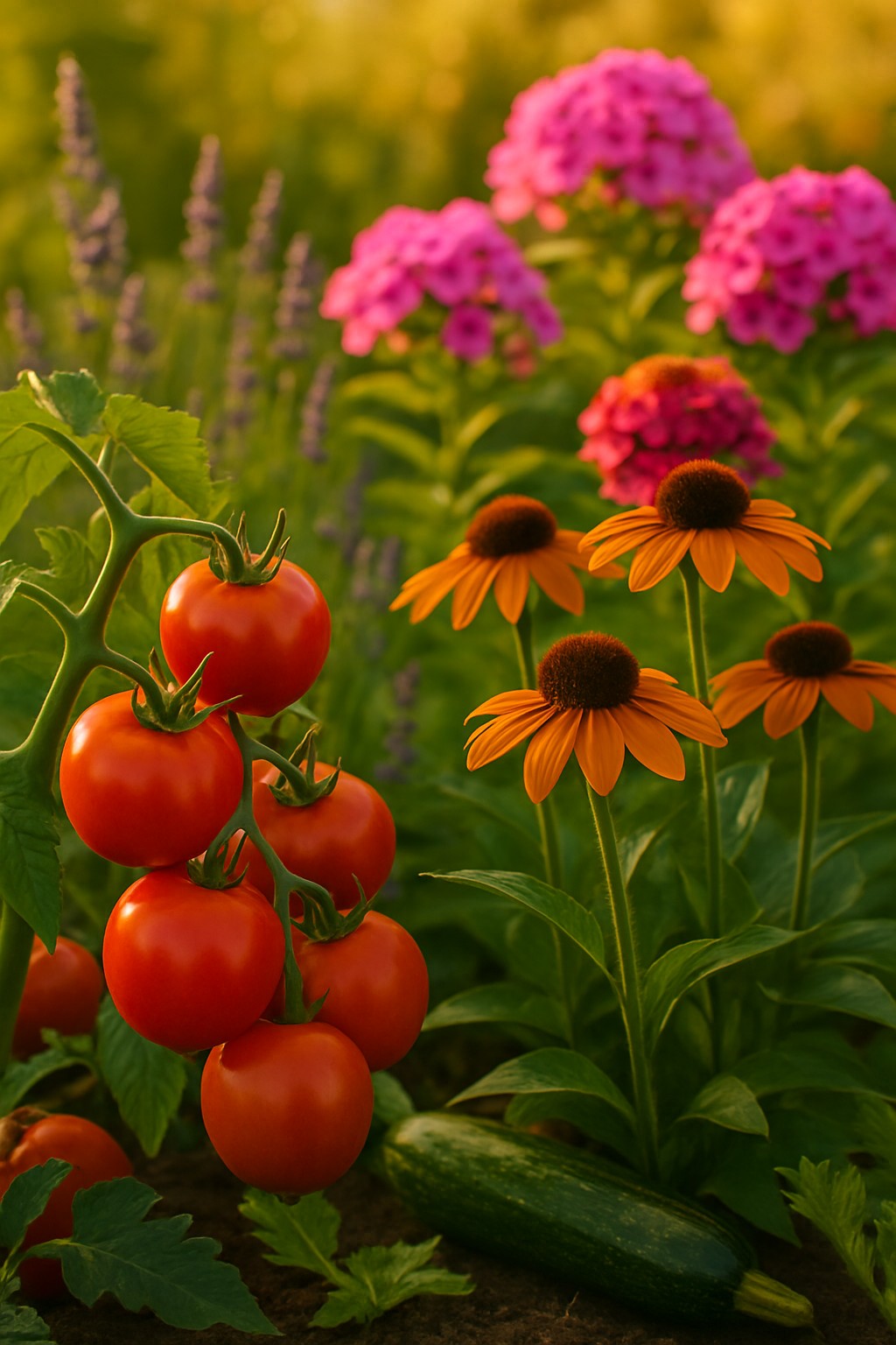 Sommergarten mit blühenden Stauden und Gemüsepflanzen