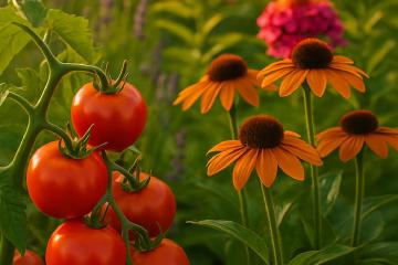 Sommergarten mit blühenden Stauden und Gemüsepflanzen
