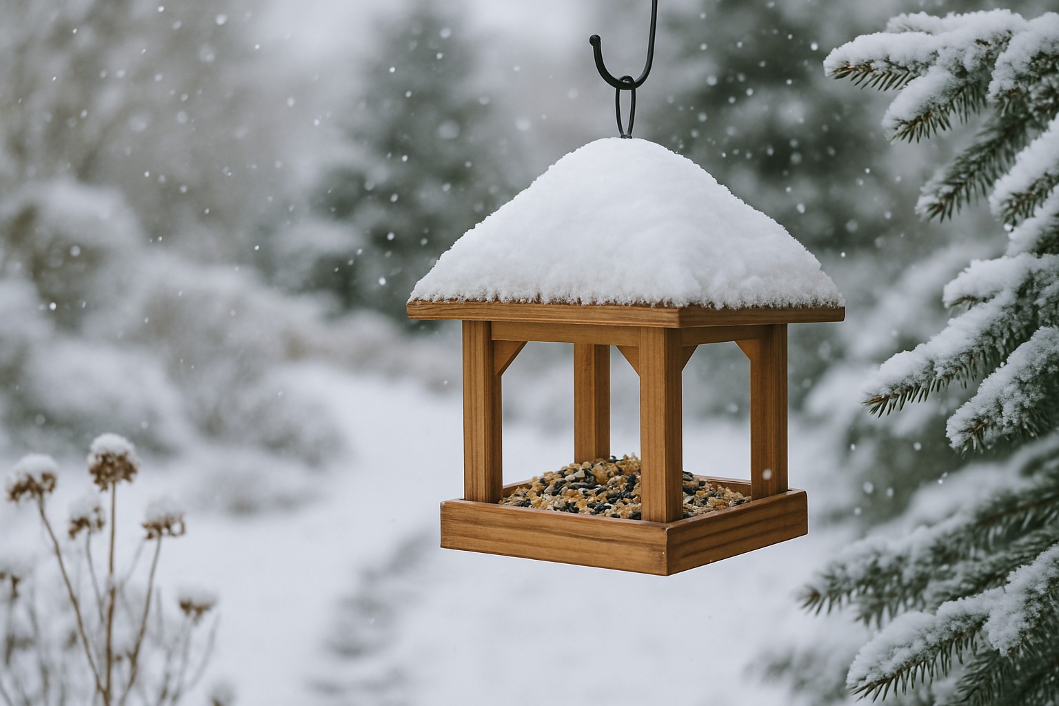 Holz-Vogelfutterhaus im verschneiten Garten