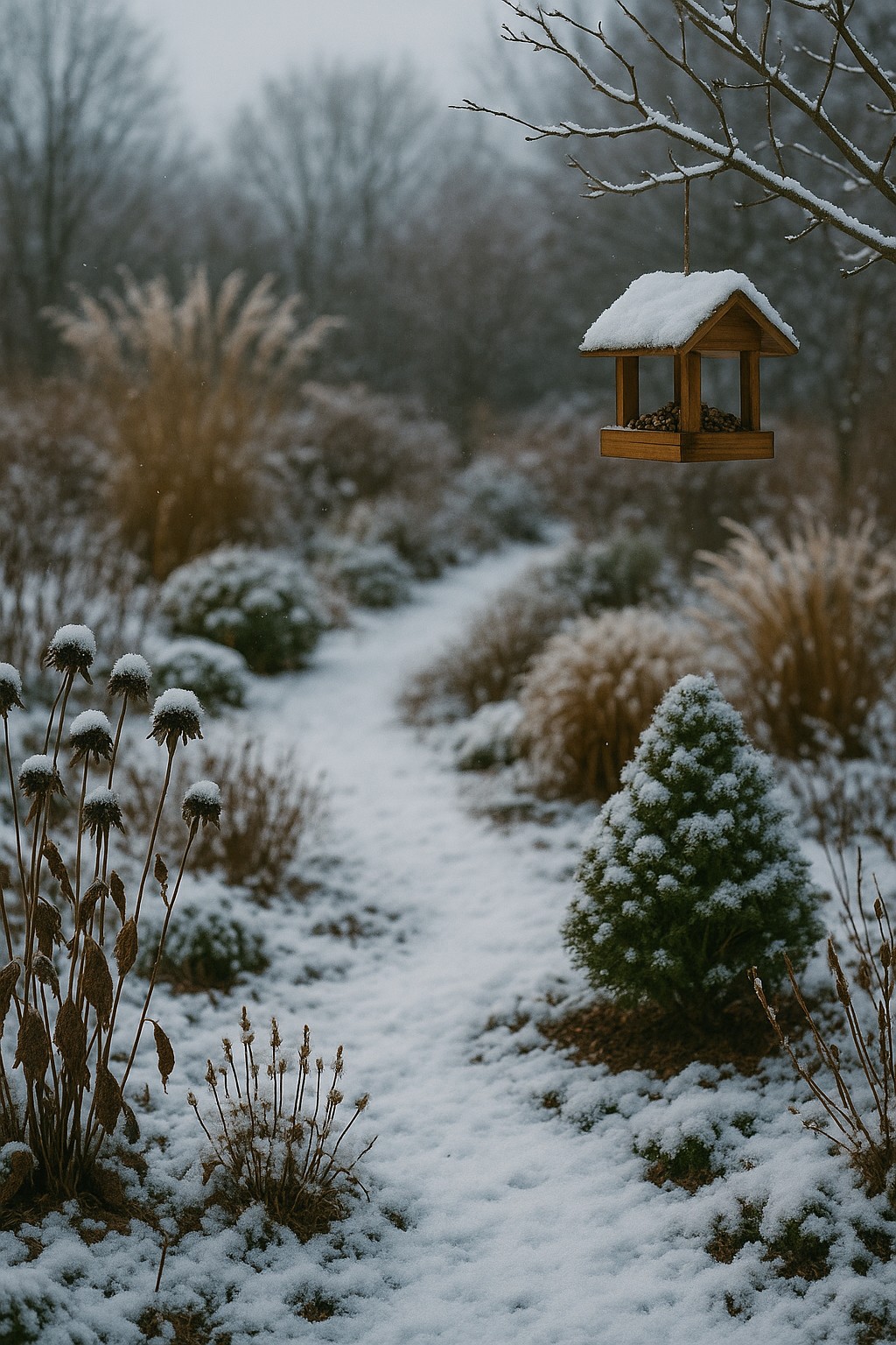 Winterlicher Garten mit Schnee, Vogelhaus und verschneitem Weg