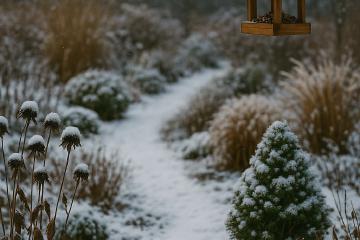 Winterlicher Garten mit Schnee, Vogelhaus und verschneitem Weg