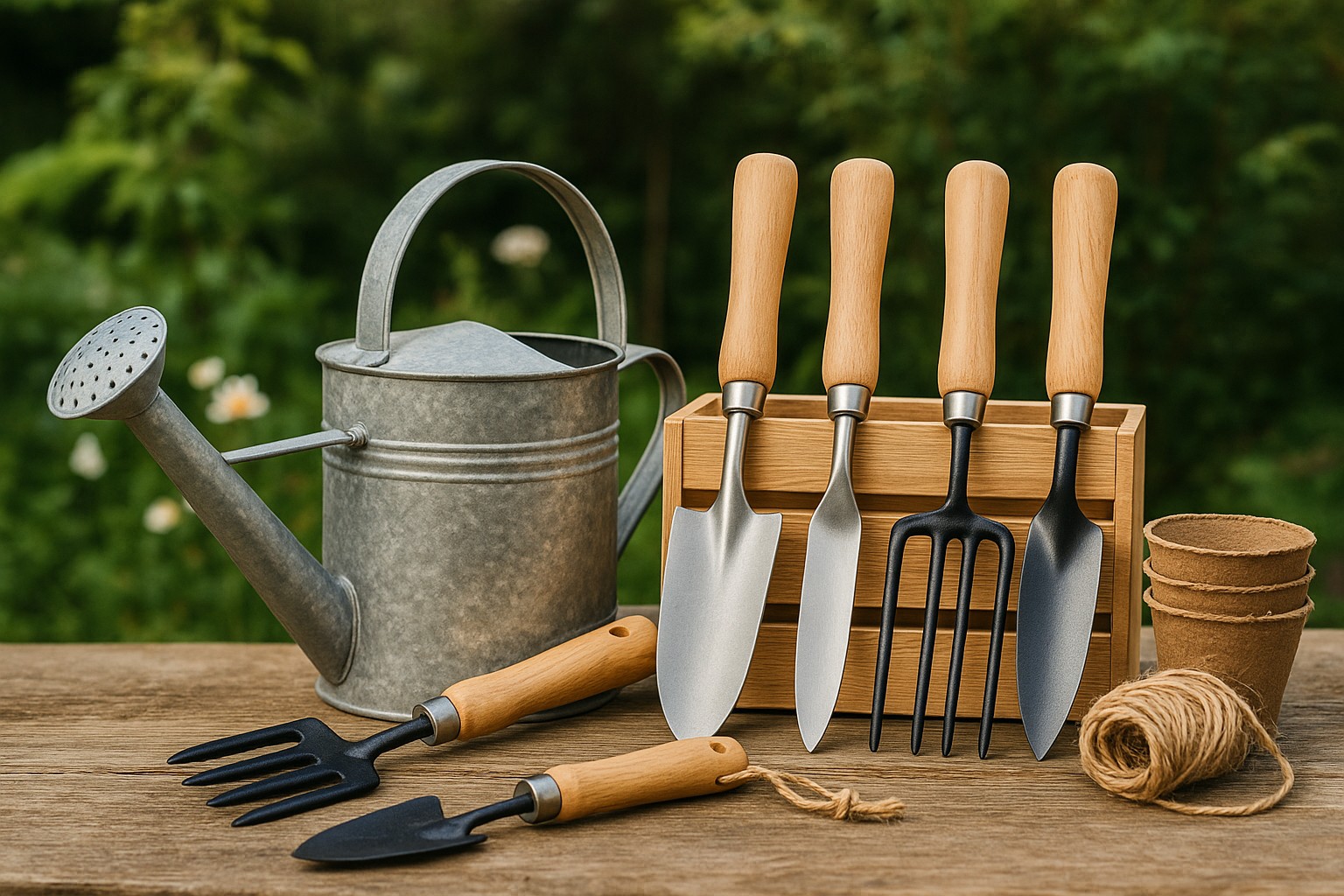Starterset Gartenwerkzeuge mit Handschaufel, Harke und Kelle auf einem Holztisch