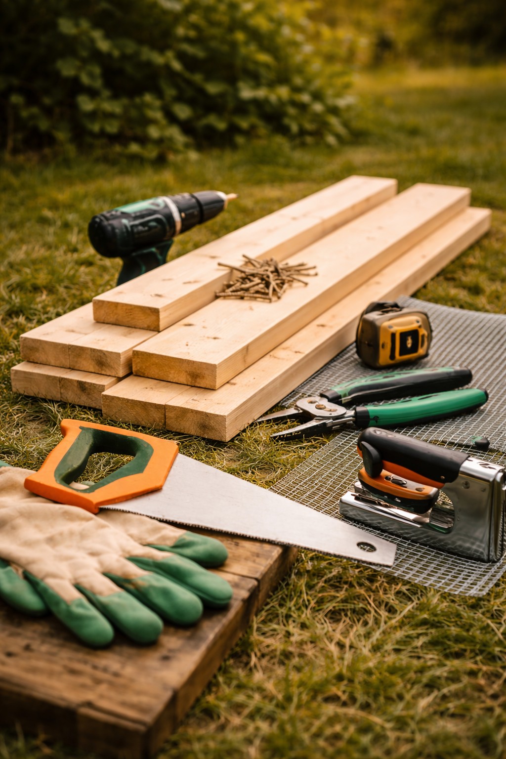Holzbretter, Schrauben und Werkzeug für den Bau eines Hochbeets im Garten