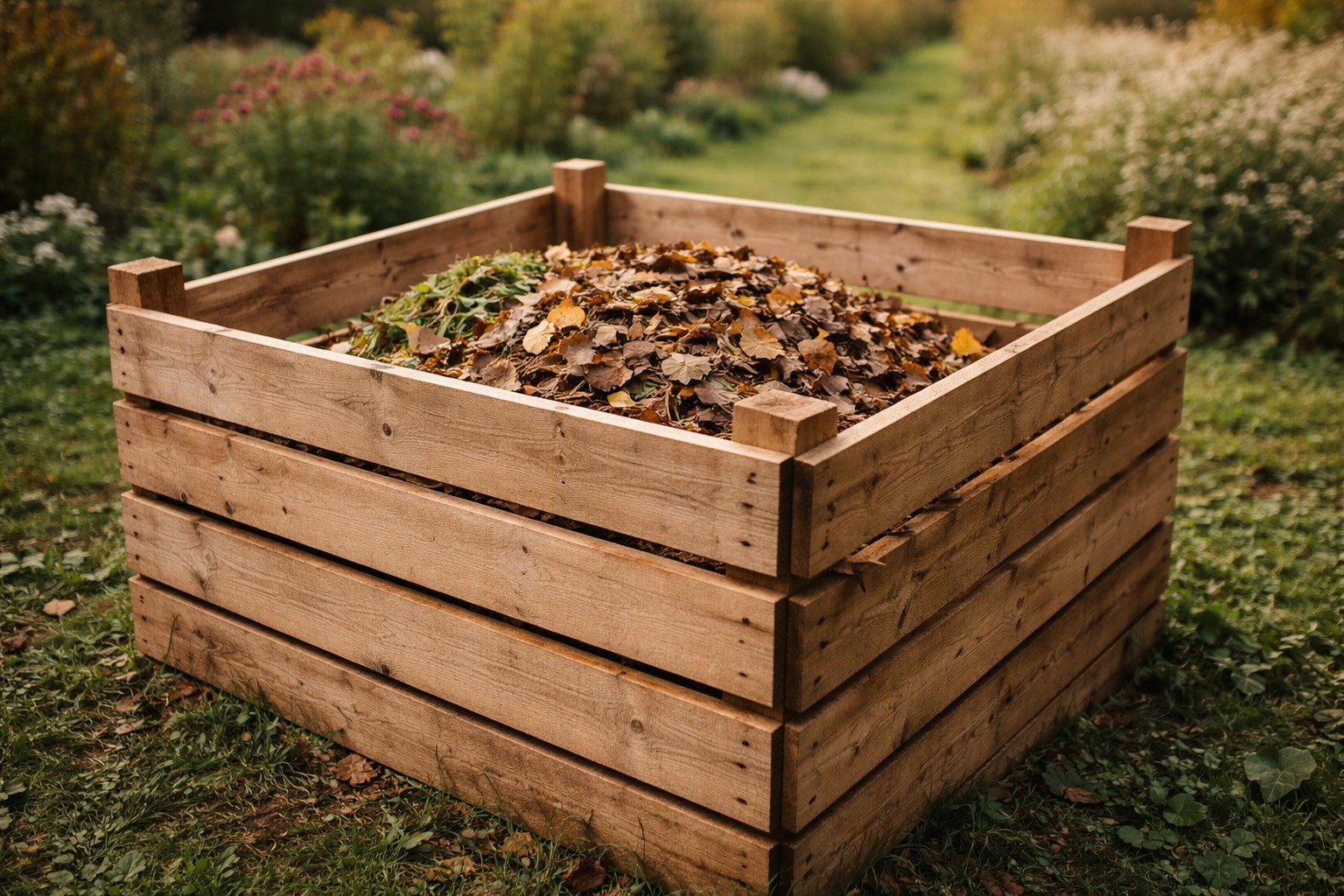 Holzkomposter im Garten gefüllt mit Laub und Gartenabfällen