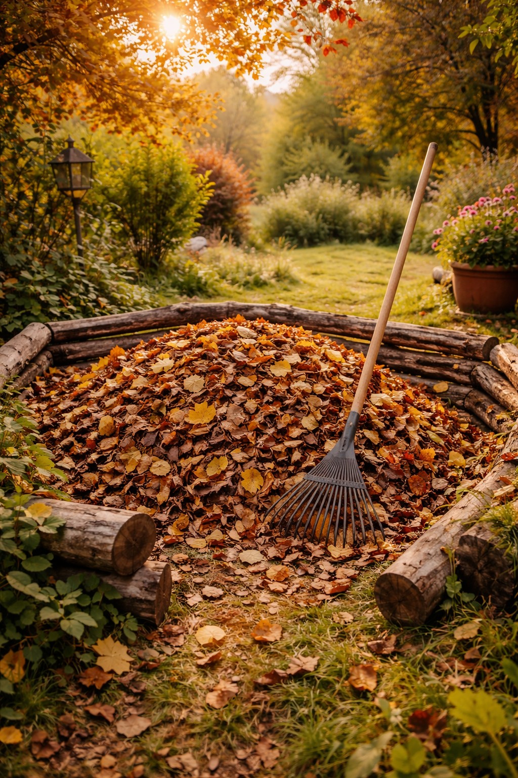 Herbstlaub im Garten unter Sträuchern und auf dem Boden verteilt