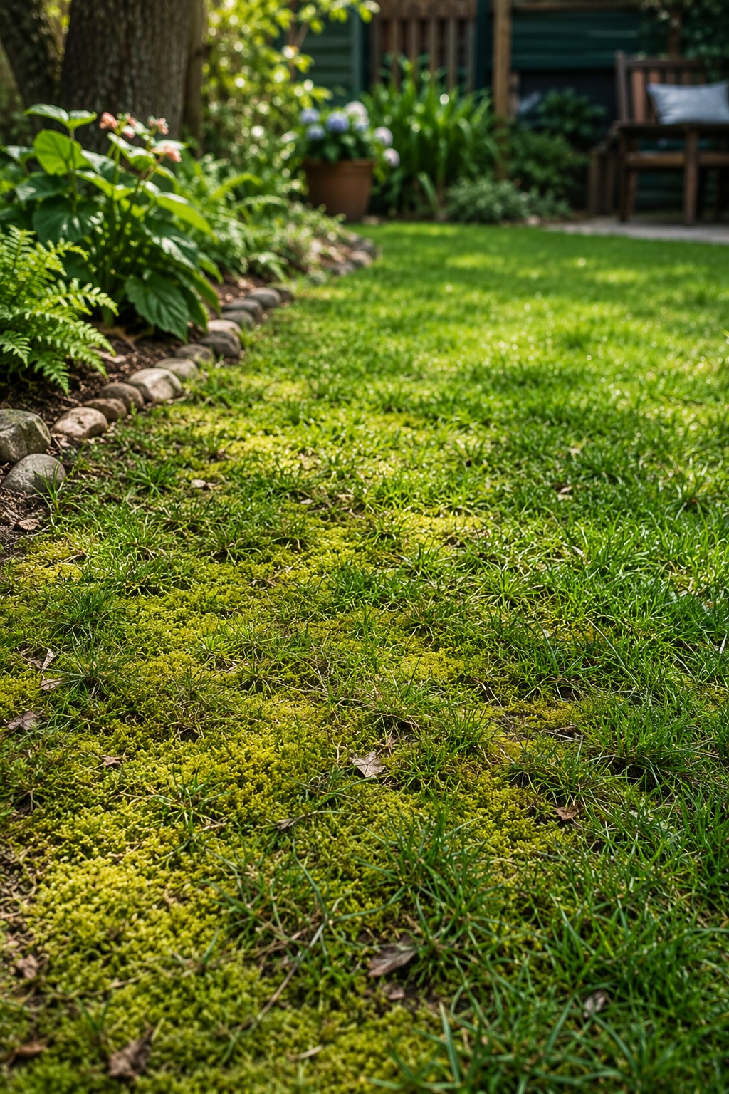 Rasenfläche mit Moos zwischen den Gräsern im Garten