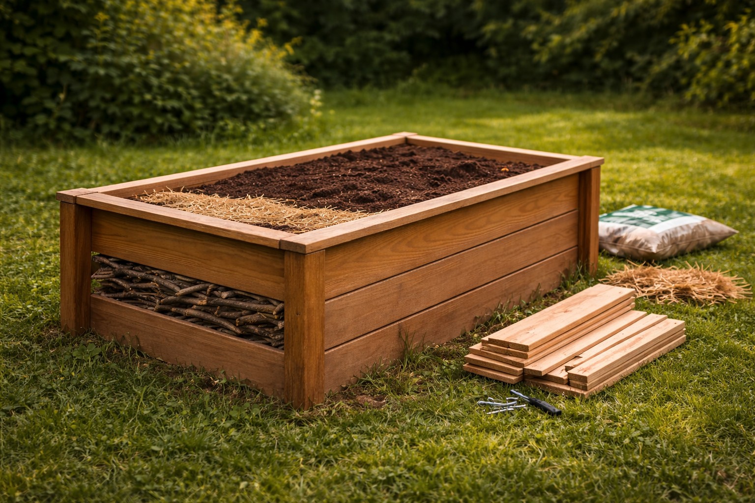 Holz-Hochbeet als Bausatz im Garten mit vorbereiteten Brettern