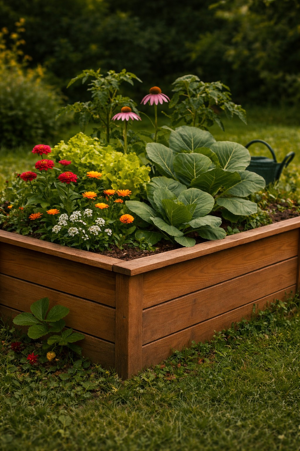 Bepflanztes Holzhochbeet im Garten mit Gemüse und Blumen