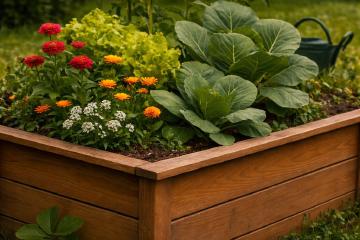 Bepflanztes Holzhochbeet im Garten mit Gemüse und Blumen